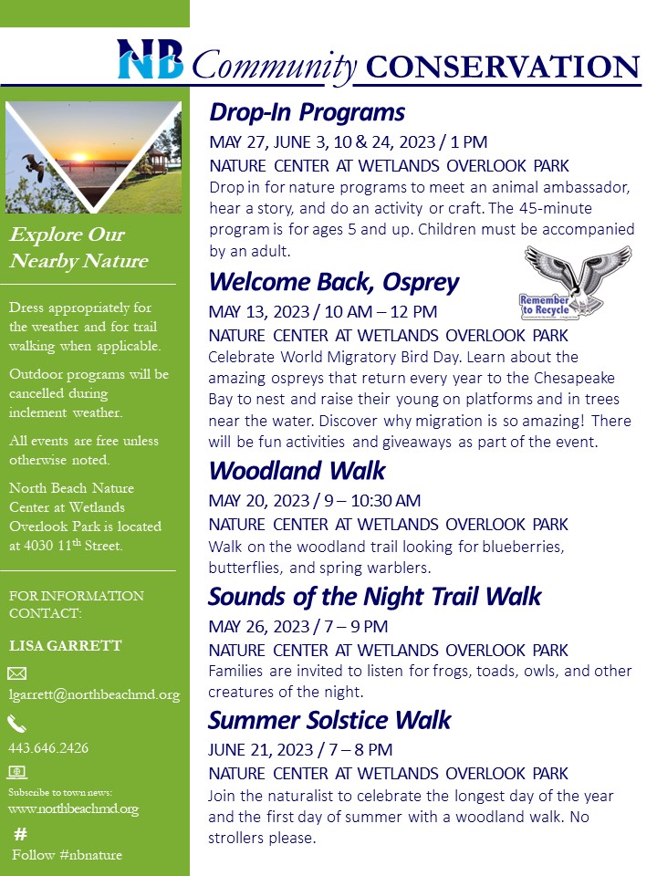 North Beach Community Conservation graphic that includes details for multiple events from May through June.