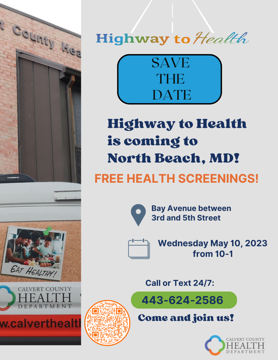 Calvert County Health Department Mobile Outreach Van flyer with information on May 10, 2023 event on Bay Avenue from 10 am to 1 pm