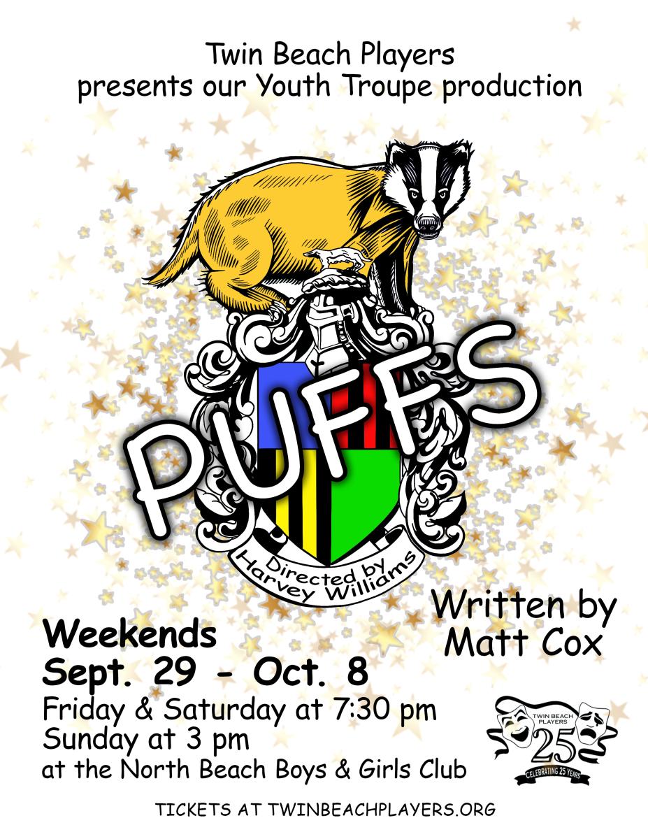 Youth Troupe Production &quot;Puff&quot; flyer with dates and times of play including logo for 25 years of Twin Beach Players