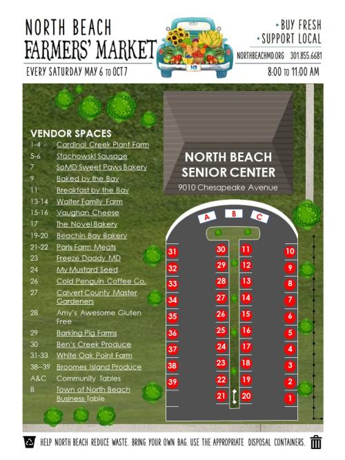 Graphic that includes a list of vendors and map for the Farmers Market.