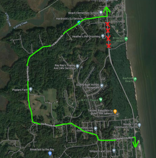 Satellite map of Chesapeake Beach road work and detours.