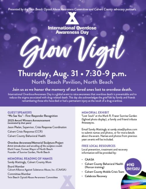 Purple and white flyer with details about the Glow Vigil on August 31, 2023.