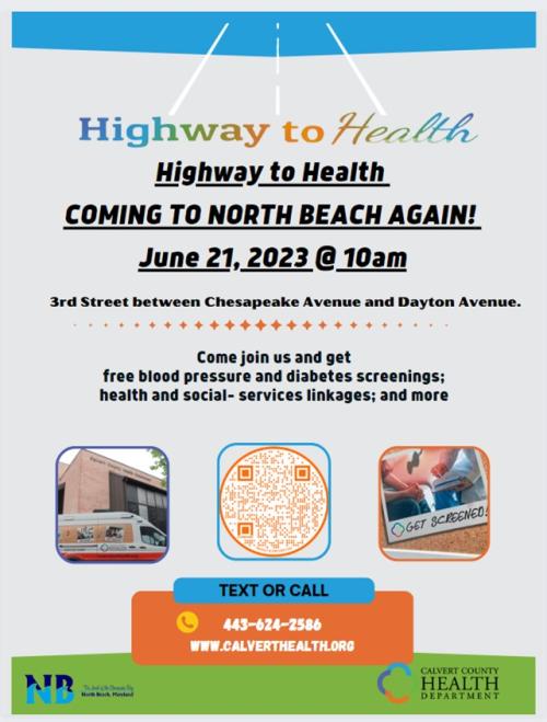 Flyer to advertise the Highway to Health mobile outreach van in North Beach on June 21, 2023.