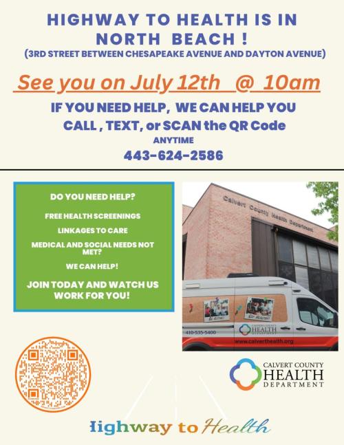 Calvert Health Department Highway to Health flyer for July 12, 2023.