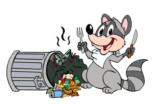 A rodent holding a fold and knife about to eat trash.