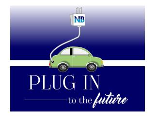 Blue background with green electric vehicle and white letters that say Plug In to the Future.