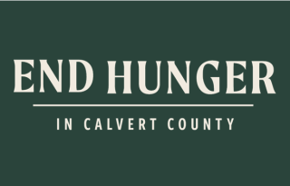 Dark green background with the words End Hunger in Calvert County in white letters.