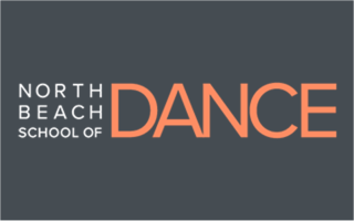 Logo with grey background with white and orange letters that say North Beach School of Dance.
