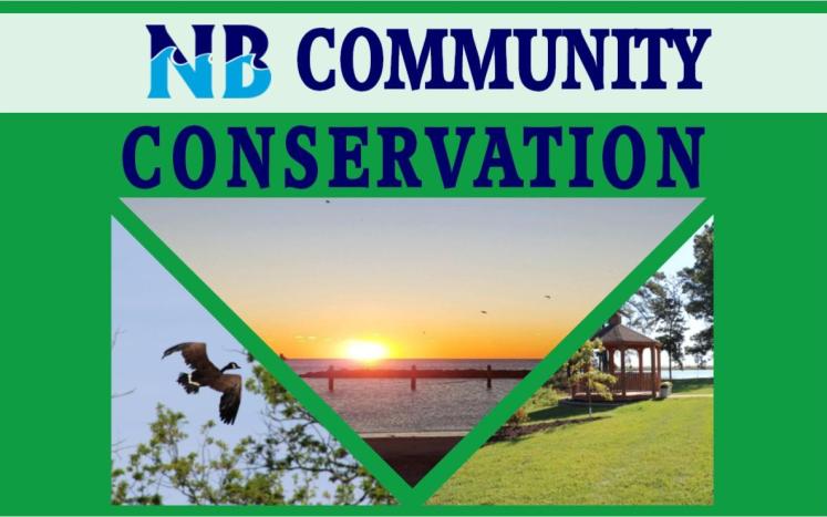 North Beach Community Conservation logo with green background and pictures of osprey, sun rise and grass.