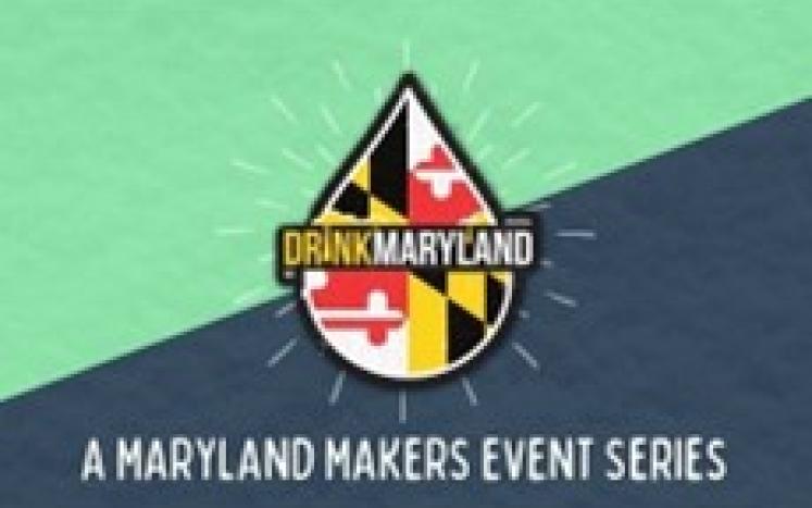 DrinkMaryland logo with light green and dark blue colors with a Maryland flag design in the center with the words A Maryland Mak