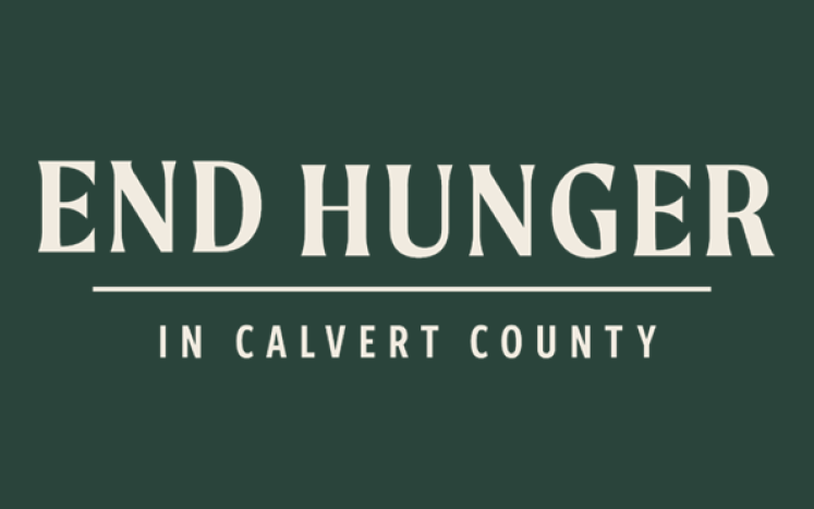 Dark green background with the words End Hunger in Calvert County in white letters.