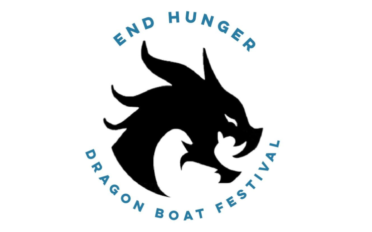 White background with a black dragon head and blue writing that says End Hunger Dragon Boat Festival.