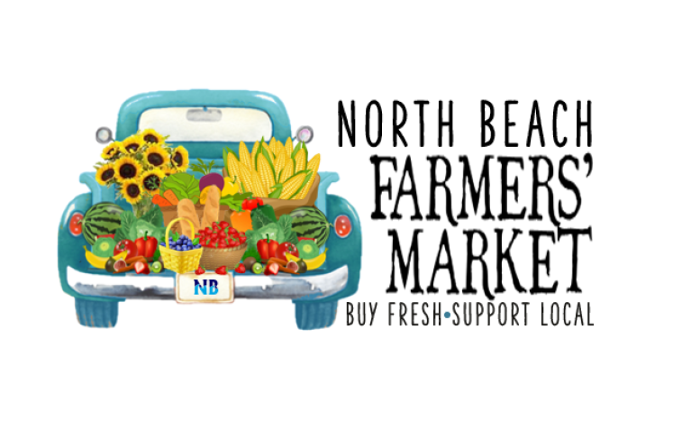 Blue antique truck with flowers and vegetables in the bed and words that say North Beach Farmers Market.