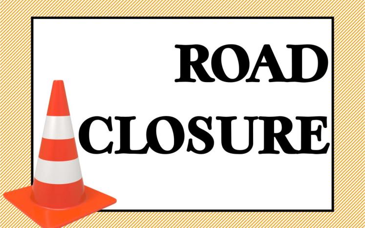 White background with black letters that say road closure and an orange and white stripe traffic cone.